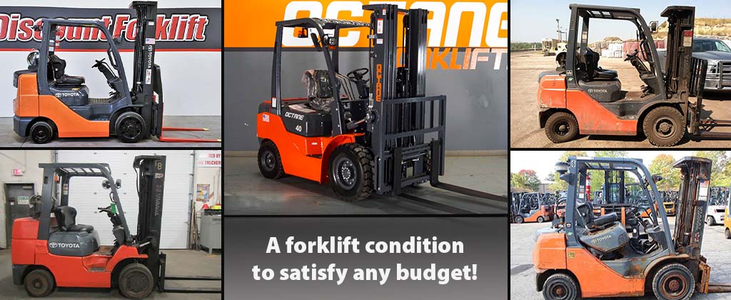 Five forklifts in various conditions